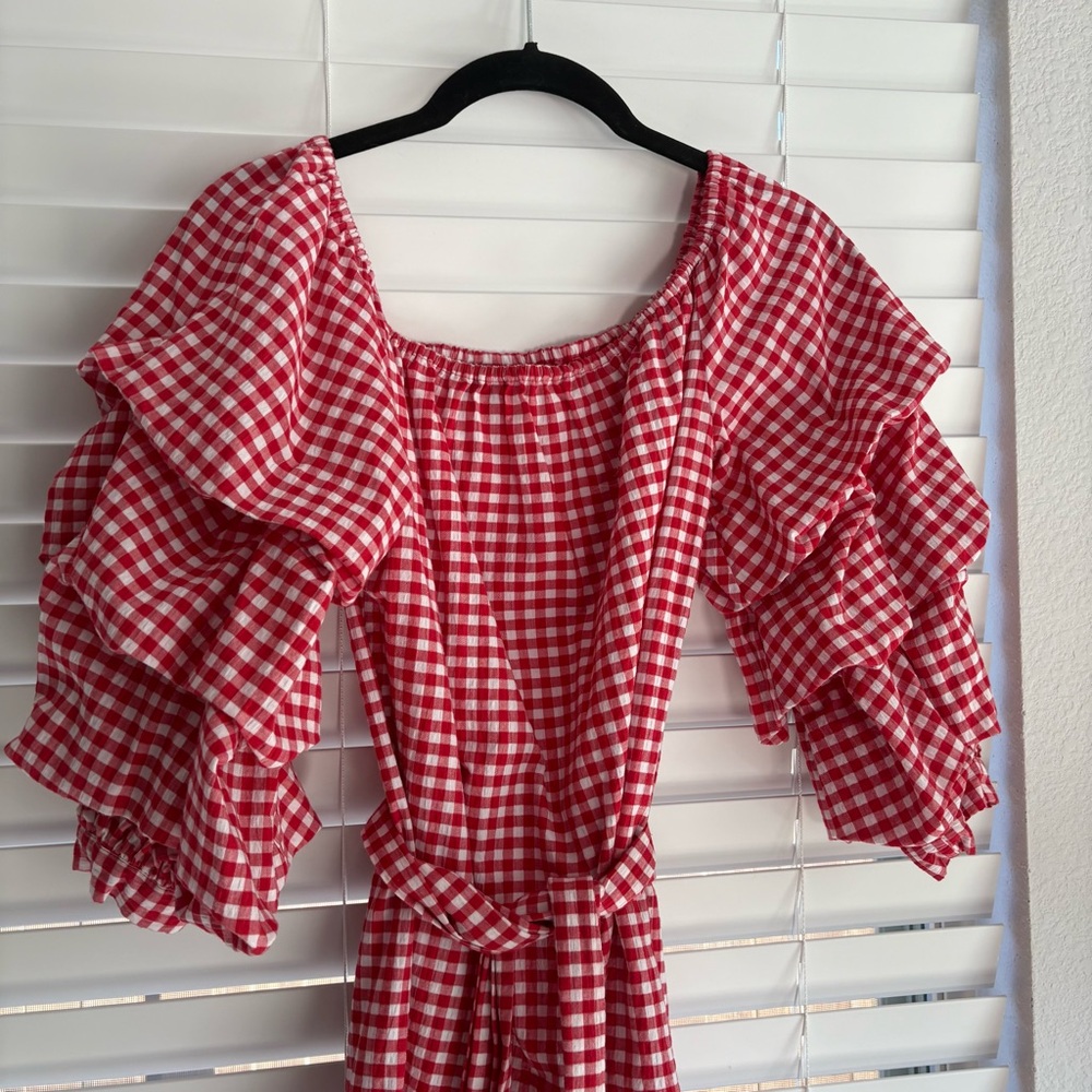 Red Gingham Ruffle Sleeve Dress